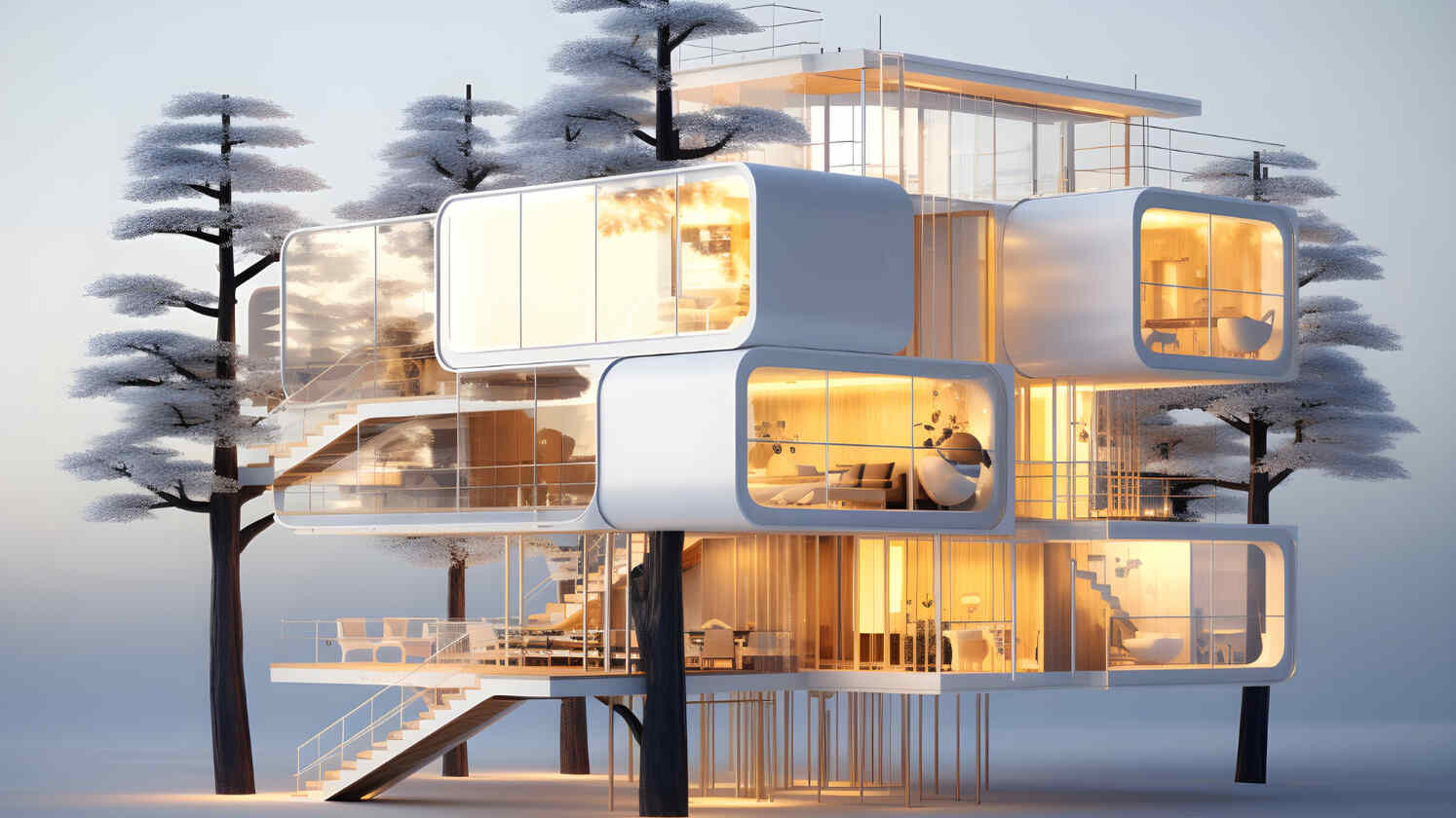 Fantastinio namo 3D vizualizacija su modernia architektūra ir erdviu dizainu